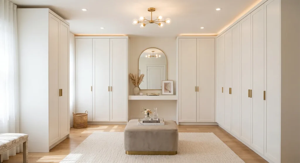 دولاب ملابس مدمج بالحائط بتصميم عملي يناسب غرف النوم Built-in wall wardrobe design ideal for bedrooms