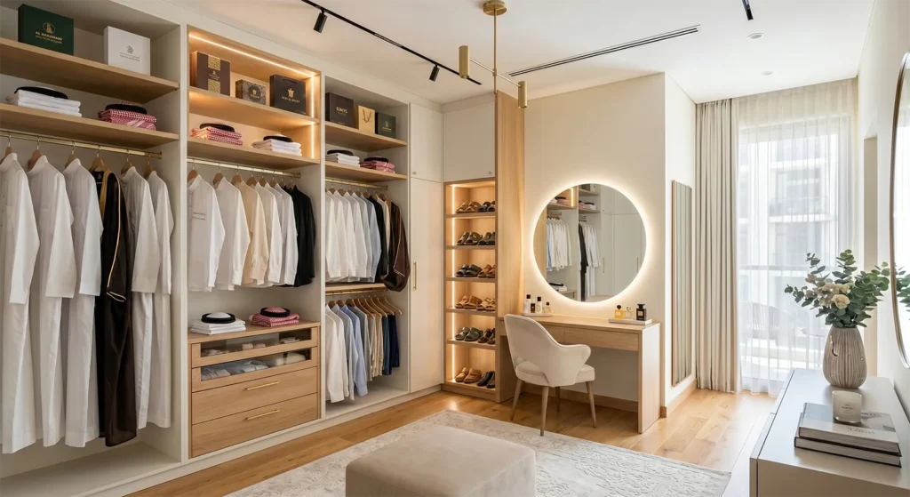 دريسنج روم حديث بتقسيم داخلي منظم للأرفف والأدراج Modern dressing room with organized shelves and drawers layout