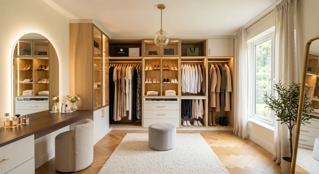 غرفة ملابس فاخرة بتشطيب عالي الجودة وإضاءة مخفية Luxury walk-in closet with premium finish and hidden lighting