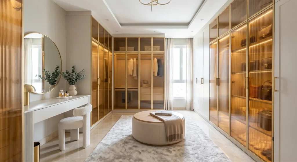 5. غرفة ملابس كبيرة بتصميم مفتوح ومساحات تخزين متعددة Spacious walk-in closet with open layout and multiple storage areas