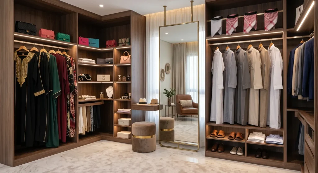 غرفة دريسنج روم فاخرة بإضاءة دافئة ولمسات عصرية Luxury dressing room with warm lighting and modern touches